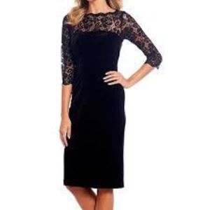 Eliza J Size 2 Lace Velvet Sheath Dress Dark Navy Blue Elegant Victorian Evening
